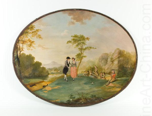 Decorated oval japanned tray base with painted scene from Tristram Shandy, signed and attributed to Edward Bird., Edward Bird